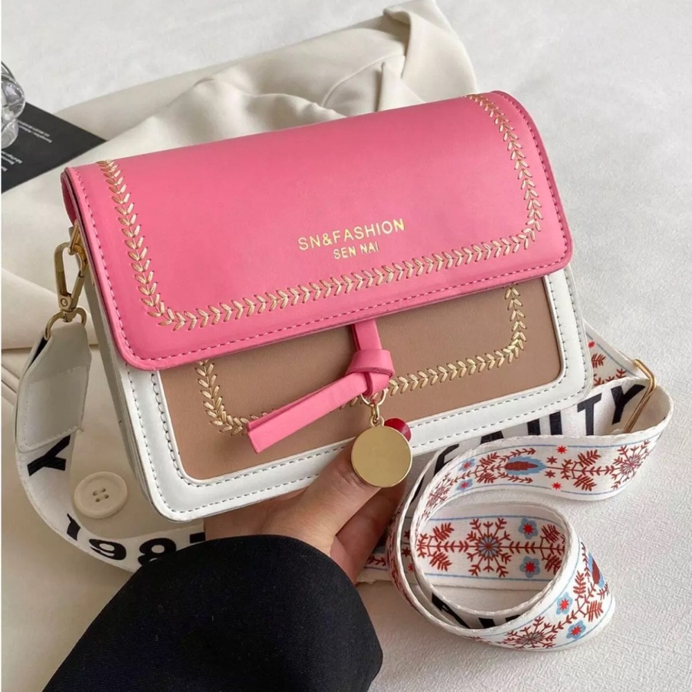 Pink and Tan Women's Crossbody Bag